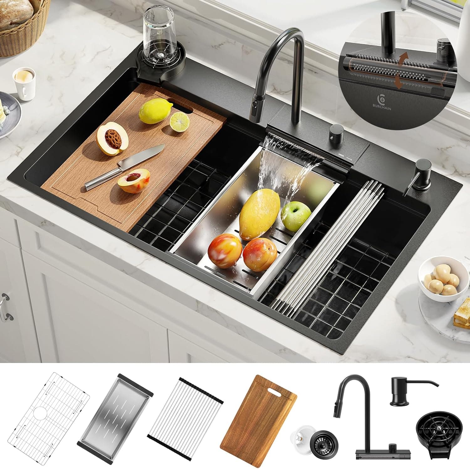 Burchain 33x22 Inch Adjustable Waterfall Kitchen Sink Black